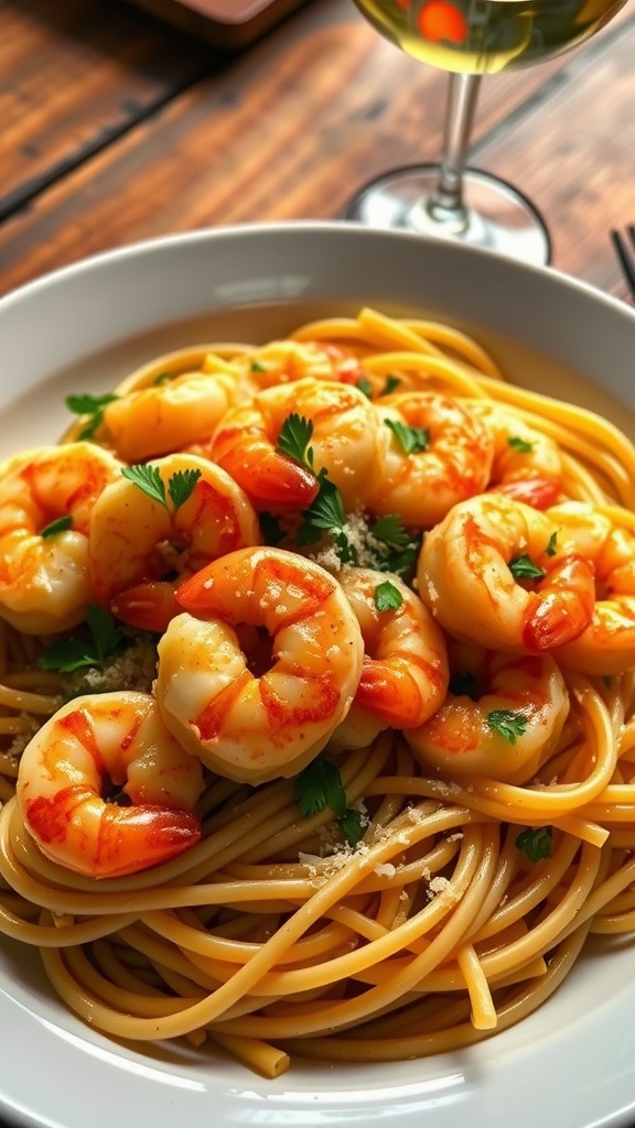 Garlic shrimp pasta with shrimp, spaghetti, parsley, and Parmesan cheese on a rustic table.